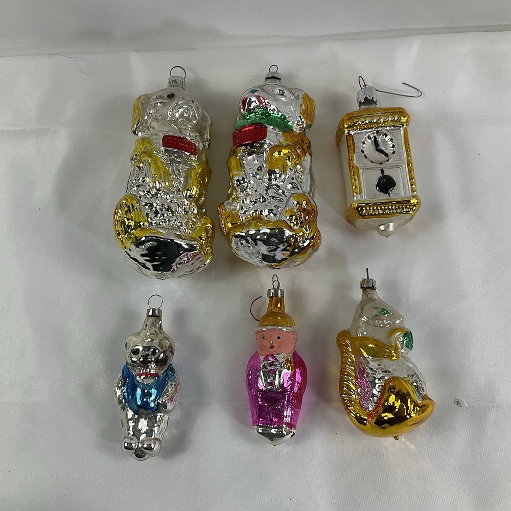 Lot Of 6 Vintage Christmas Ornaments Various Shapes Dogs, Clocks Etc